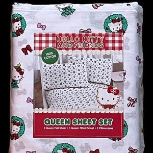 Hello Kitty Queen Size Christmas Wreath Ribbons Bows Cotton Sheet Set ALL COTTON